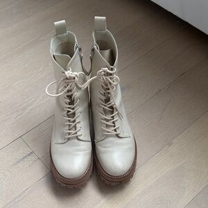 Dolce Vita Cream Lace-Up Platform Combat Boots with Brown Lug Sole